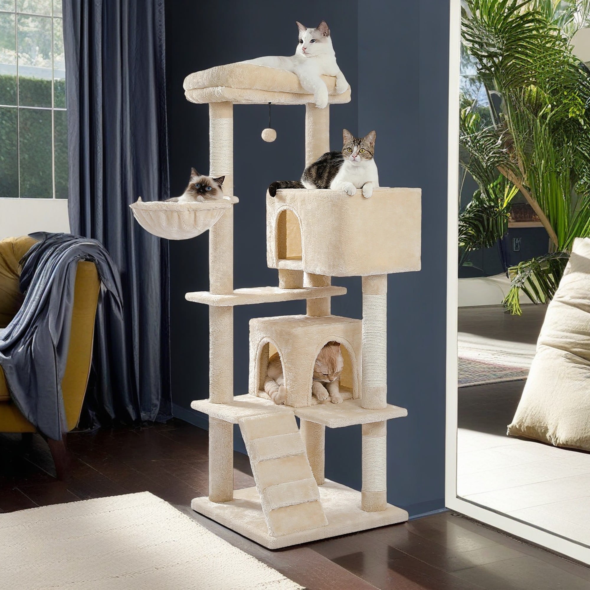 Kadyn 56" Cat Tree Tower for Indoor Cats, Cat Tree House for Multiple Cats with 2 Cozy Condos, Top Perch, Hammock, Climbing ladder and Dangling Ball, Dark Gray