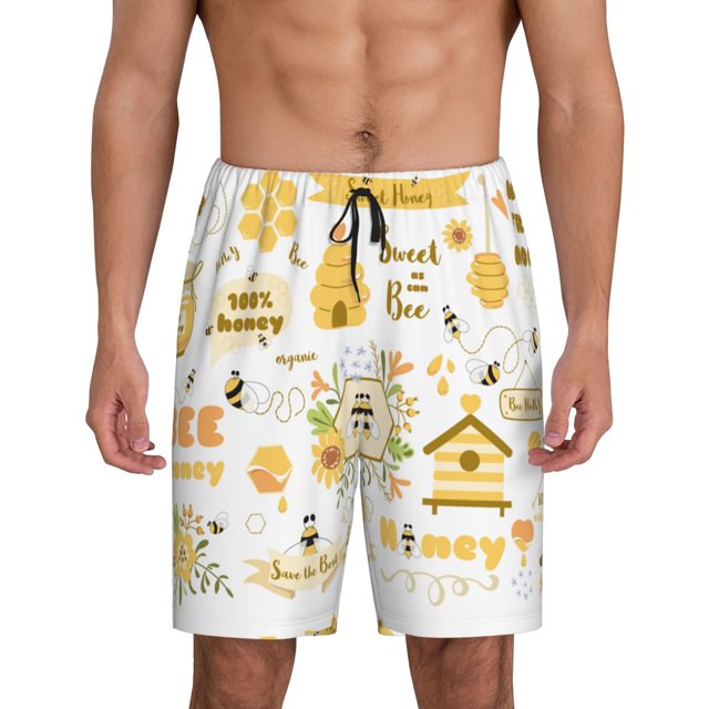Balery Farm Bee Cute Honey Pantalones cortos de pijama de punto de algodón para hombre con cinturilla y bolsillos-Large