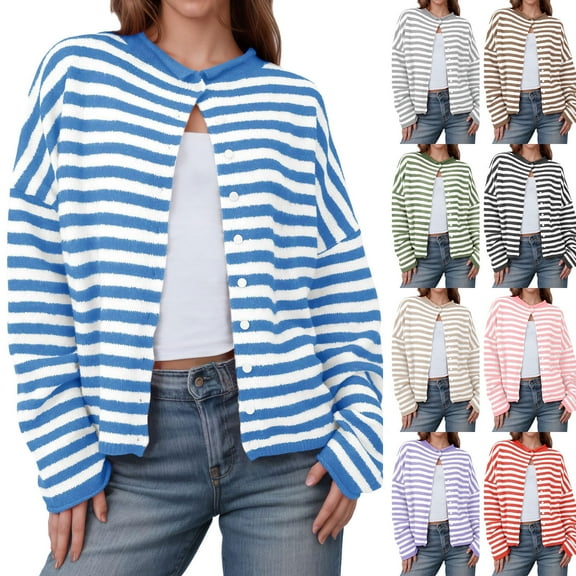 idosla Womens Striped Cardigan Casual Long Sleeve Open Front Button Down Loose Knit Lightweight Fall Sweaters (Black, M)