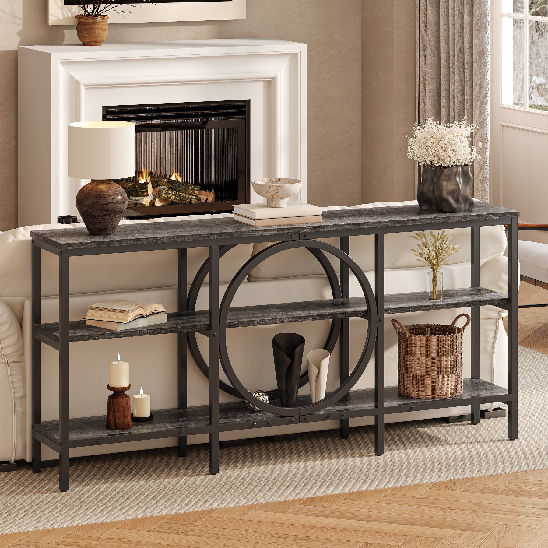 Tarnorci 66.9 Inch Extra Long Sofa Table, Narrow Long Sofa Console Tables Behind Couch Table with Open Storage Shelf, Gray+Black