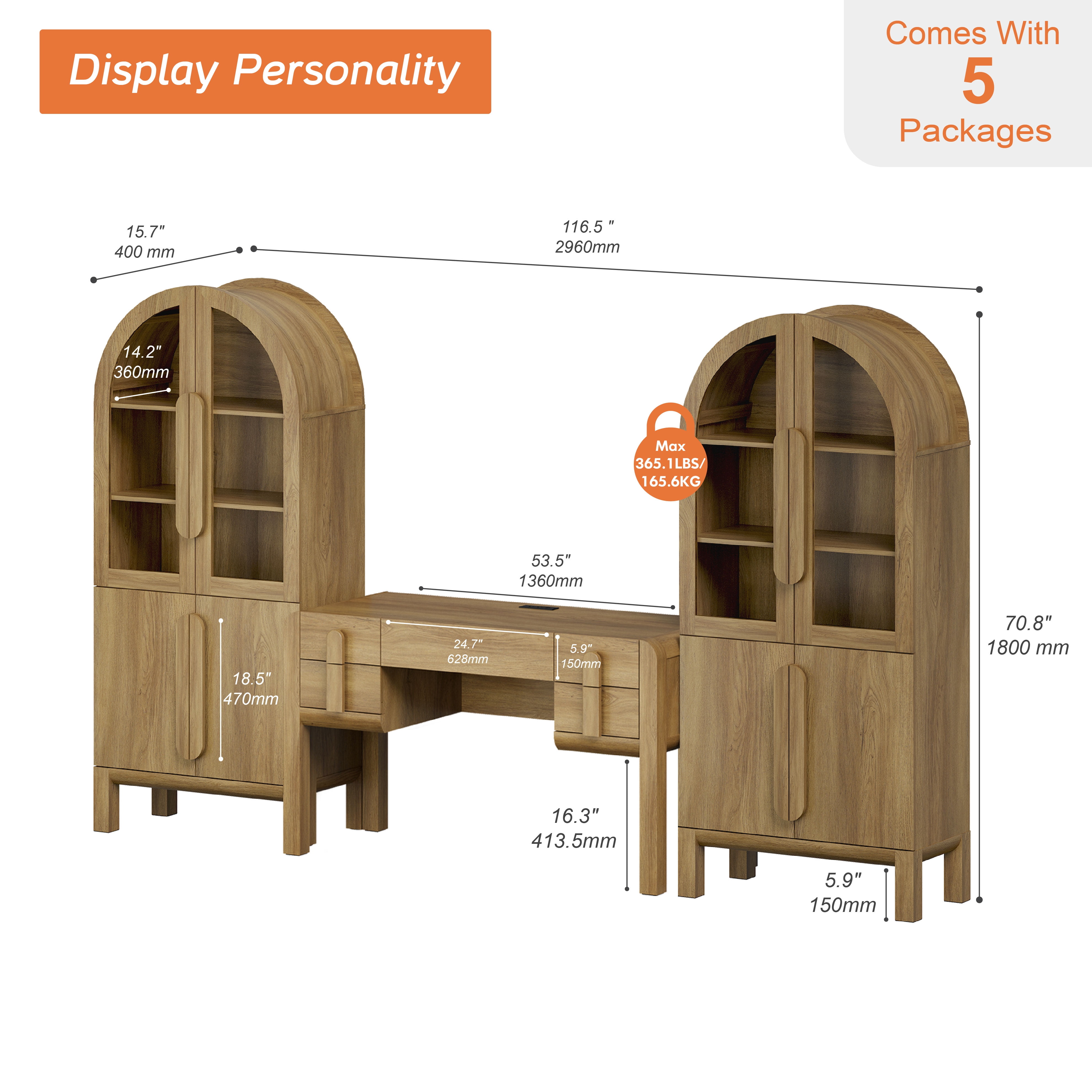 Home Office Set, 53.5" Modern Executive Desk with Charging Station and Drawers & 2 Piece 71"H Tall 3-Tier Arched Bookcases with Glass Door for Living Room, Bedroom, Home Office