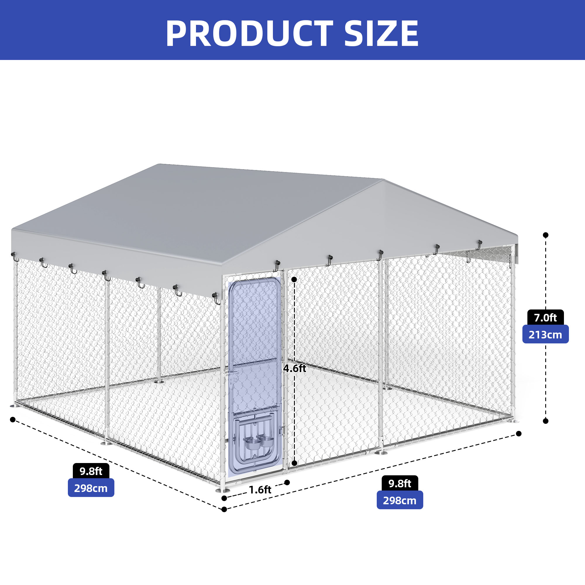 ModFusion 9.8' x 9.8' Large Outdoor Pet Kennel with Weatherproof Canopy, Secure Lock & Adjustable Feeding Bowls – Perfect for Dogs, Cats & More