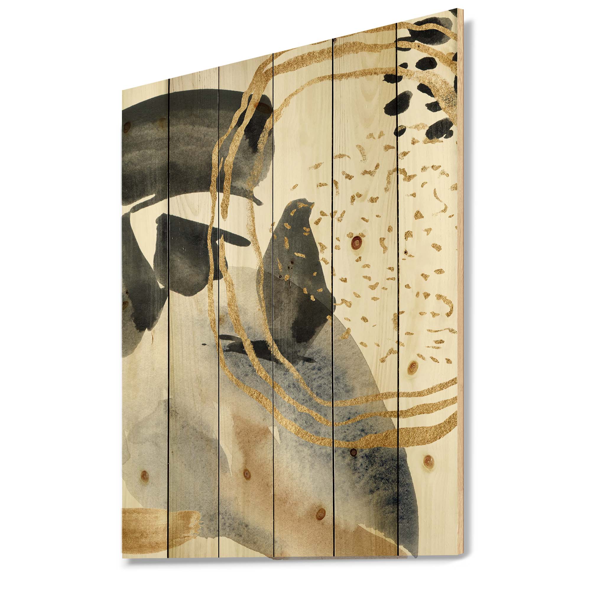 Designart 'Pastel Abstract With Black Blue Beige and Gold Spots' Modern Print on Natural Pine Wood