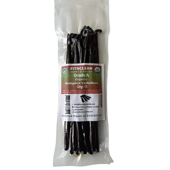 11 Madagascar Organic Vanilla Beans Grade A. Certified USDA Organic. ~6" by FITNCLEAN VANILLA for Cooking, Extract and Baking. Bourbon Fresh Gourmet NON-GMO Whole Pods