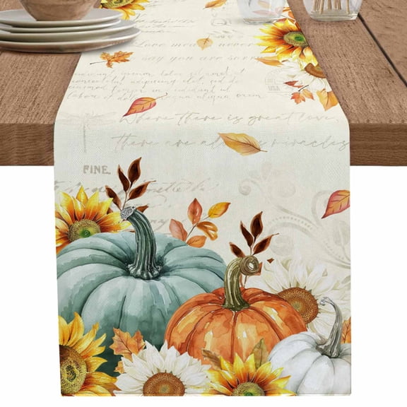 nqOlkjepod Thanksgiving Pumpkin Table Runner 48 Inches Long Farmhouse Dress Scarves, Fall Sunflower Leaves Vintage Dining Tablerunner for Coffee Table/Kitchen Island/Party Décor, 13" x 48"