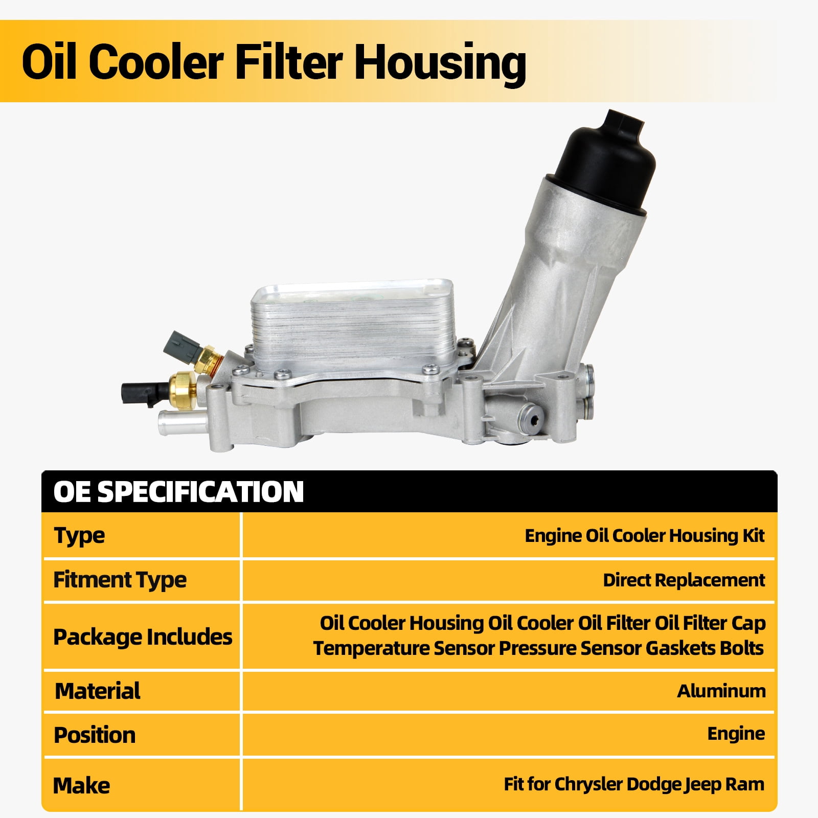 MITZONE Aluminum Oil Cooler Filter Housing Assy with Gaskets and Sensors Compatible with 2011-2024 Ram 1500 ProMaster Chrysler Charger Challenger 3.6L
