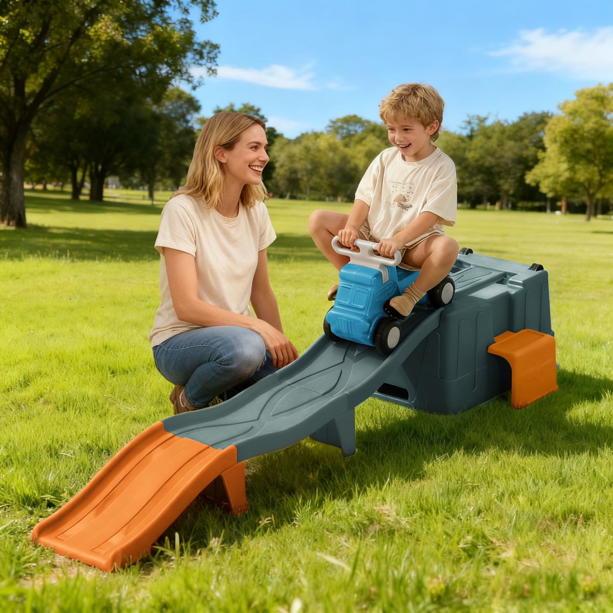 Up & Down Roller Coaster，Kids Ride On Toy，Toddler Push Car with Assembled Race Track & Storage Base Box, Indoor Outdoor Playset