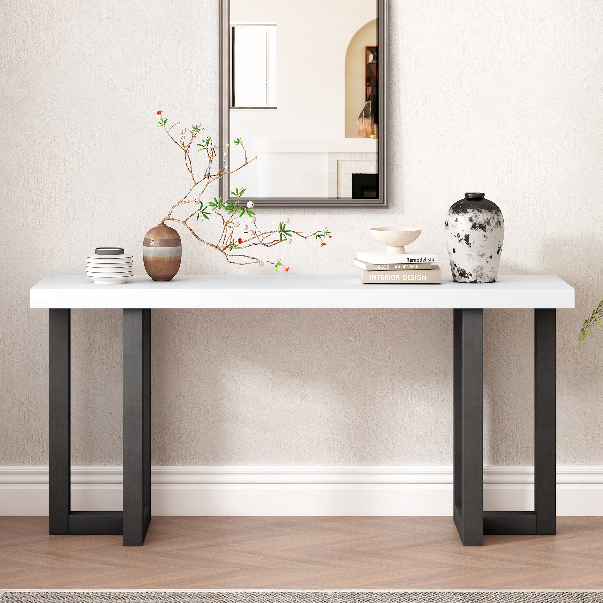 Euroco 63" Console Table, Narrow Sofa Table Behind Couch Entryway Table with Solid Wood Legs, Suitable for Entryway, Hallway, Living Room,Gray & White