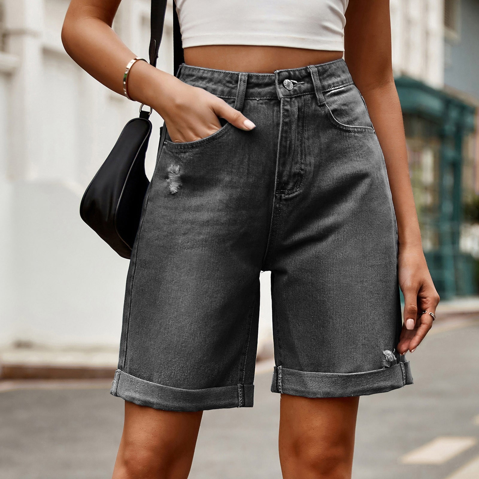 Oplxuo Women's Vintage Distressed Denim Jean Shorts - High Waisted