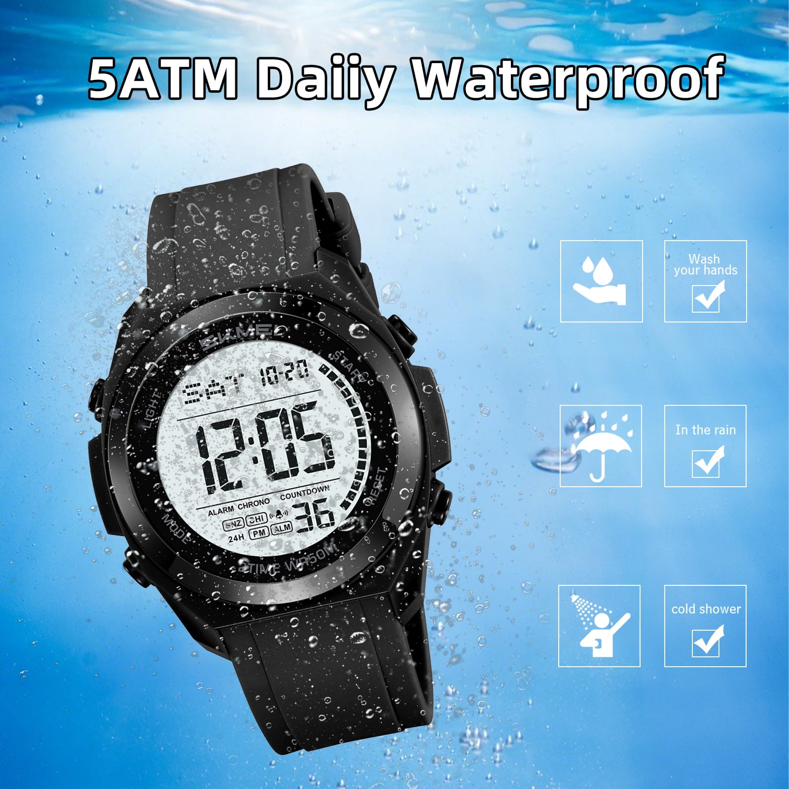 SKMEI Mens Digital Watch, Sport Military Watches for Men Waterproof LED Screen Large Face Tactical Watch with Dual Time Alarm Stopwatch Wrist Watch