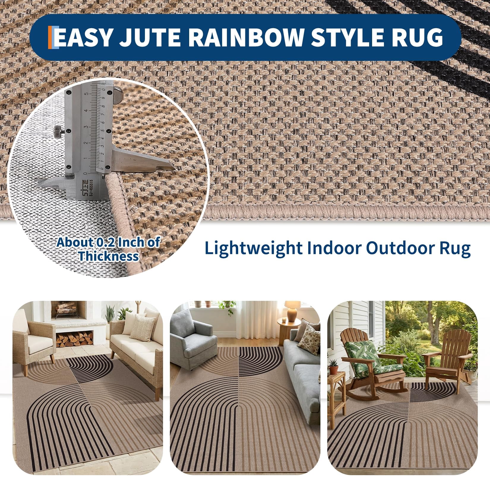 HIWEAVER Camel/Yellow 2' x 6' Easy Jute Area Rug for Living Room Non Slip Stain Resistant Arch Striped Indoor Carpet Non Shedding Modern Geometric Mat for Dining Room Outdoor Patio Rug