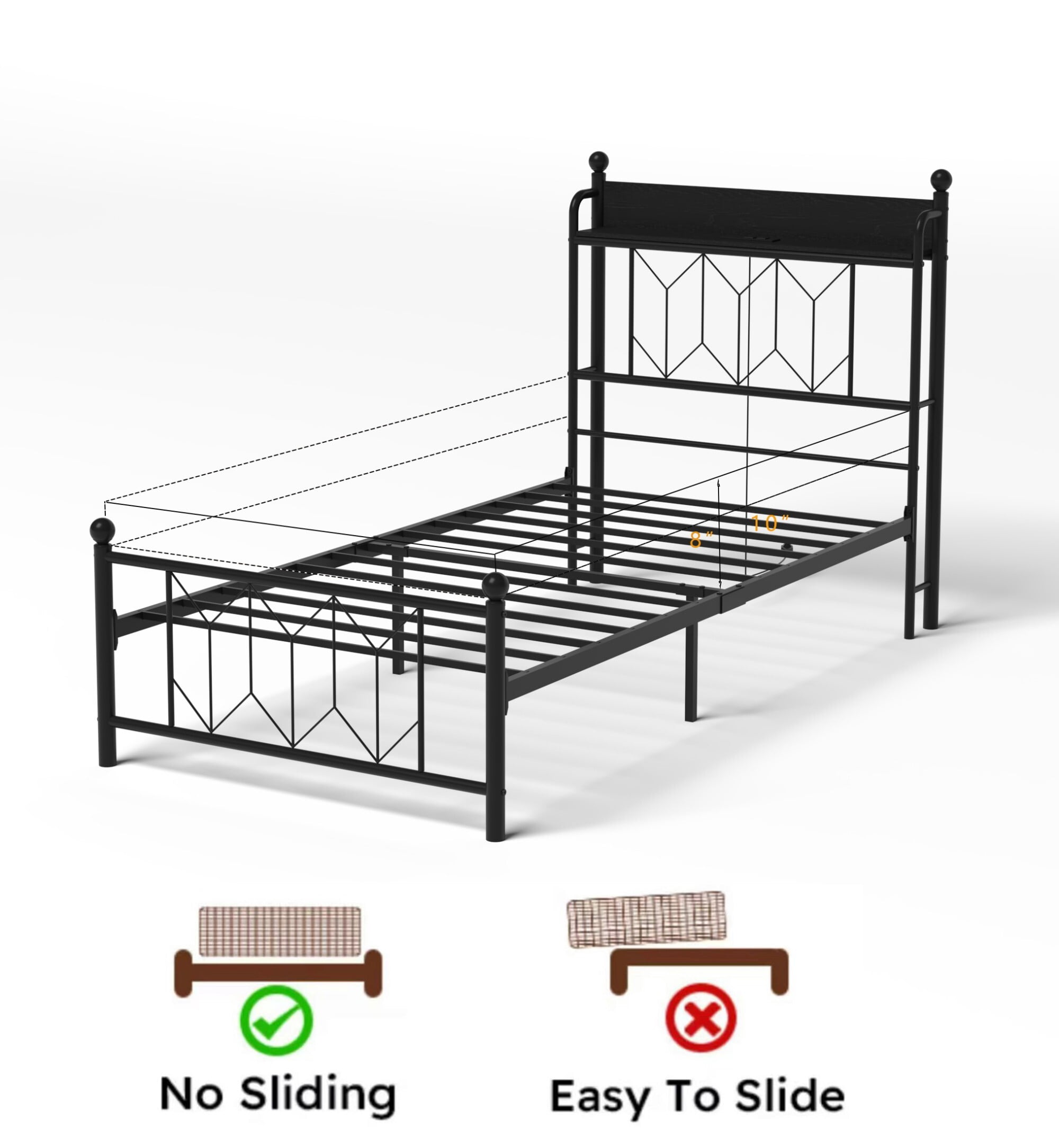AENKYO Twin Bed Frame with LED Lights Headboard, Charging Station, Sturdy Metal Platform Bed with Shelf, Black