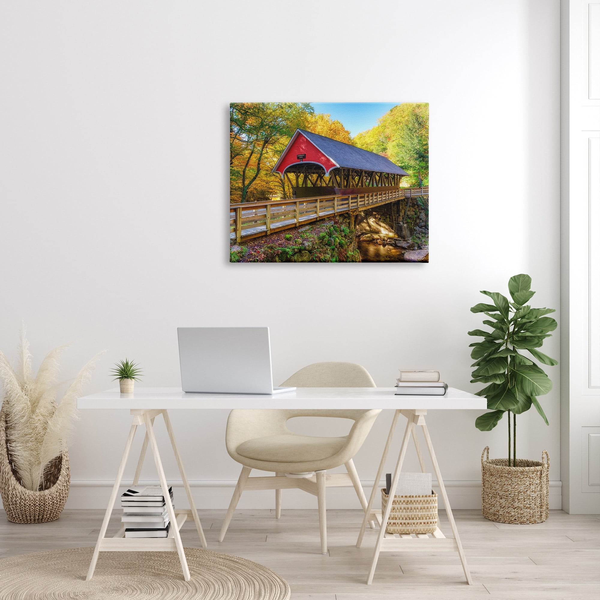 Stupell Red Covered Bridge Woodland Creek Landscape Photography Gallery Wrapped Canvas Print Wall Art