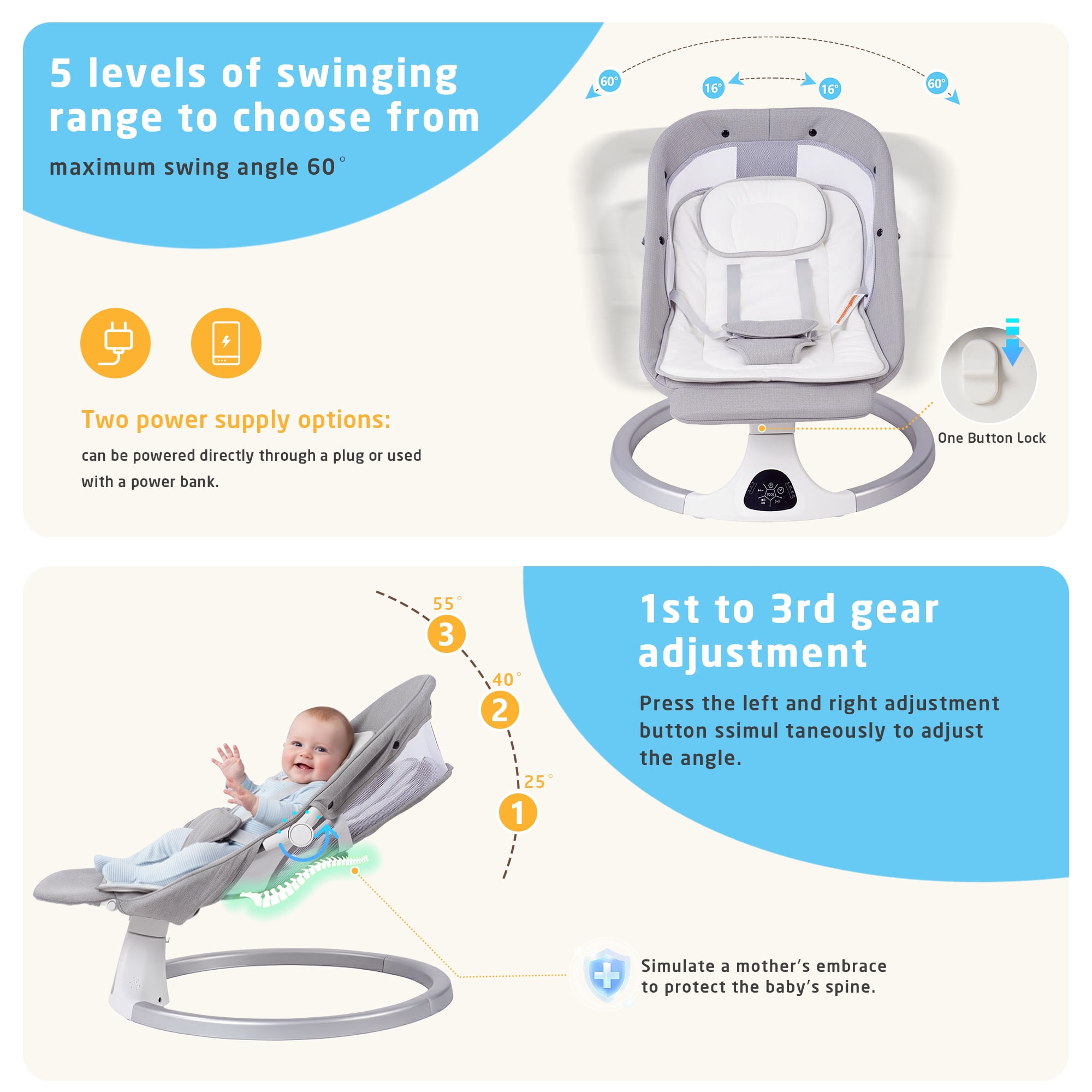 SACVON Portable Baby Swing, 5 Speed & Bluetooth Music, with Remote Control for Indoor Outdoor Use, for Infants 0-6 Months, Gray