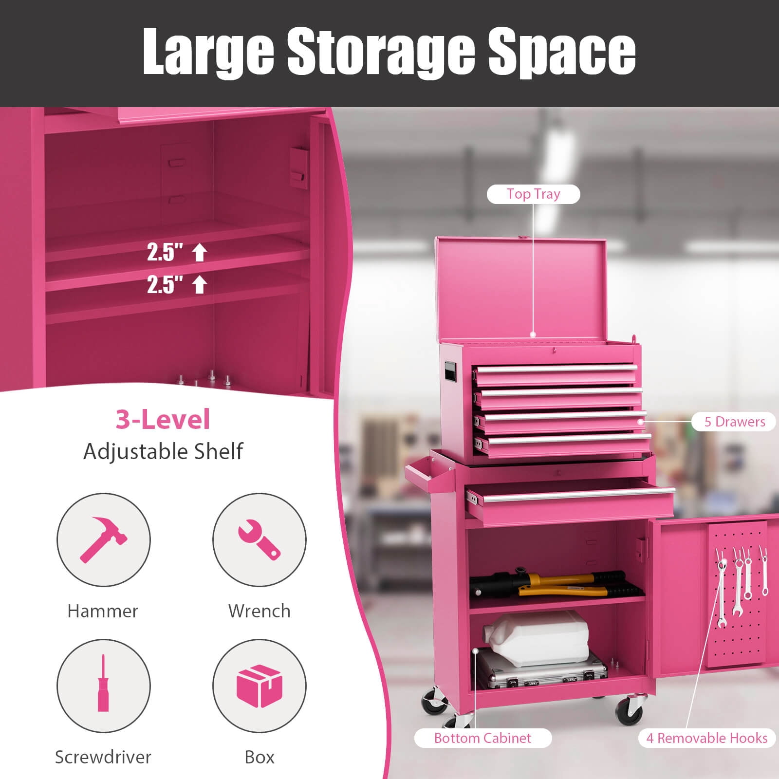 Costway 2 in 1 Tool Chest & Cabinet with Sliding Drawers Rolling Garage Organizer, Pink