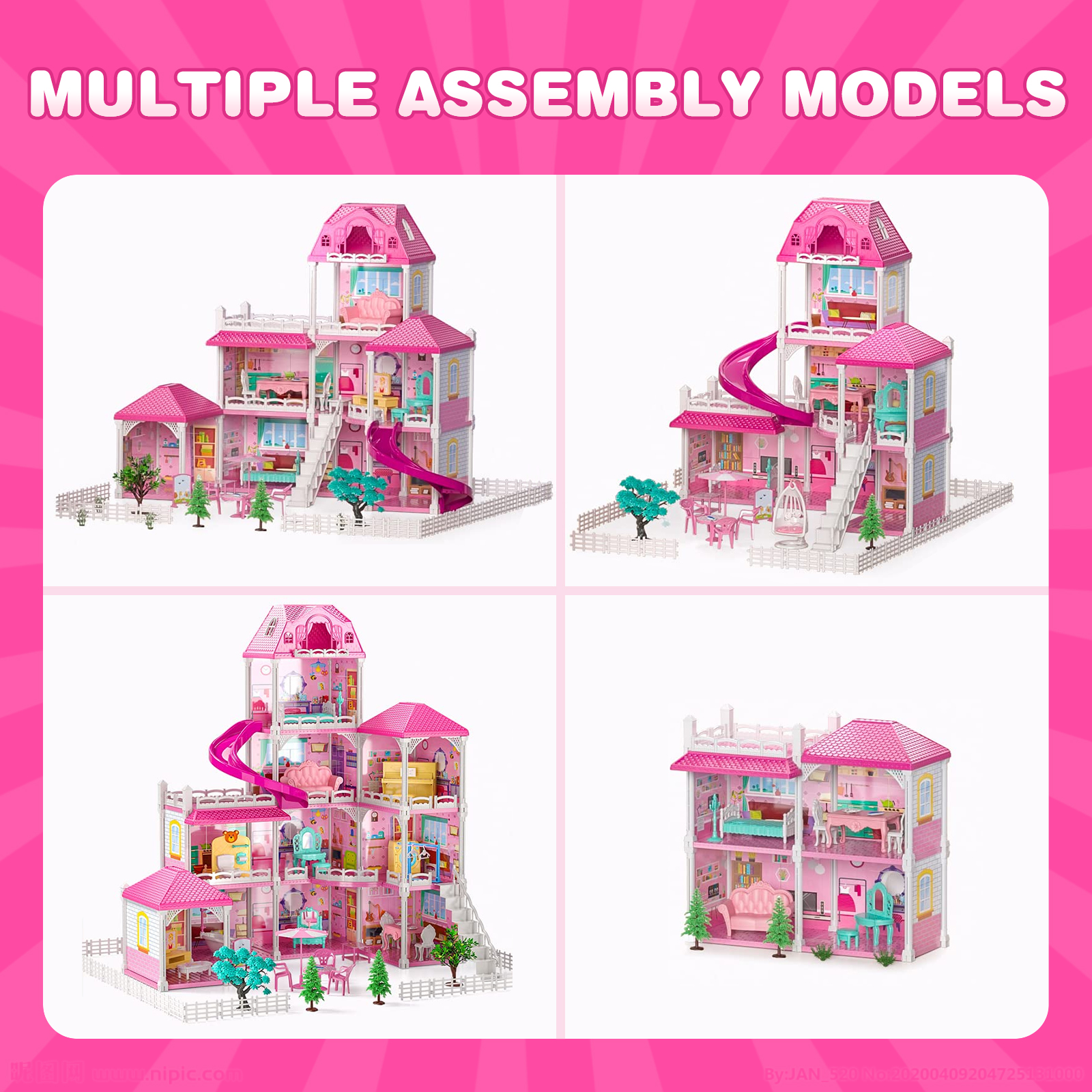 Hot Bee Dollhouse for Girls,4-Story 12 Rooms Playhouse with 2 Dolls Toy Figures,Pretend Dreamhouse with Accessories,Gift Toy for Kids Ages 3 4 5 6 - image 5 of 7