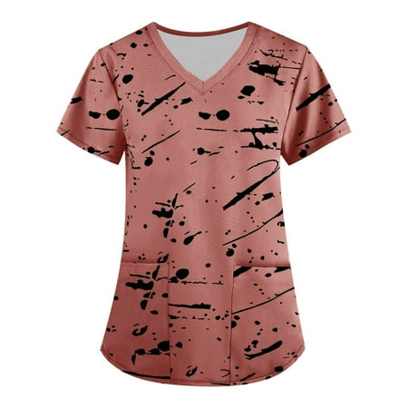 

Womens Blouses for Work Professional Women s Fashion Short Sleeve V-Neck Tops Working Uniform Printing Pocket Blouse Tops Cropped T Shirts for Women With Pockets Pink M