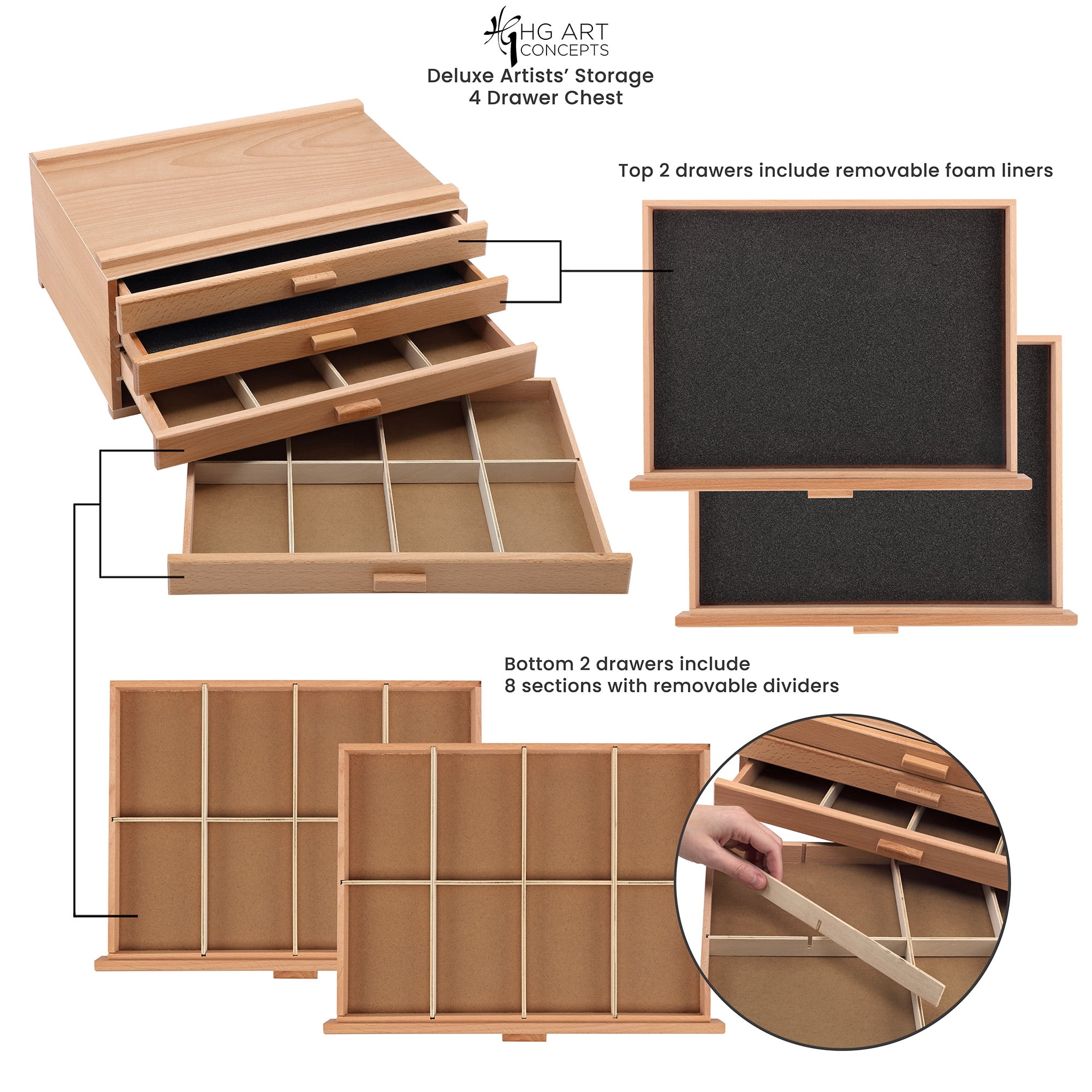 HG Art Concepts Artists Storage Chests - Premium Studio Organizer for Paint Tubes, Brushes, Pencils, Markers & More - 4 Drawer