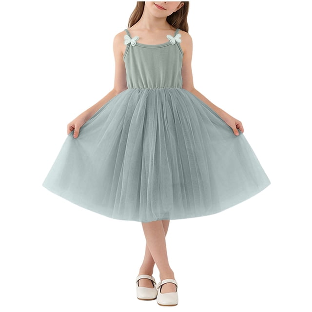 Vestido de Verano Casual Color Sólido de las Niñas Cuello Redondo sin Mangas de Malla para Vestido de Verano Largo Casual Al Aire Libre