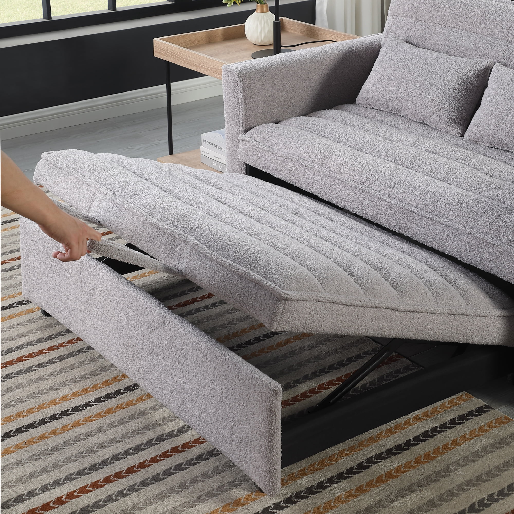 55" Convertible Sleeper Sofa Bed,Modern Boucle 3 in 1 Sleeper Sofa Couch Bed with 2 Pillows and Adjustable Backrest,2-Sater Sofa for Living Room, Bedroom,Light Gray