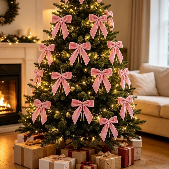 Dalang 12-Piece Velvet Christmas Wreath Bow Decoration, Luxury Ribbon Bows for Holiday Tree Wreath Garland Party Scene Decor, Pink 1Set