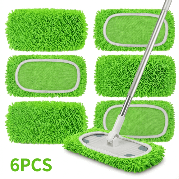 ROSEXIXI 6 Pack Reusable Microfiber Mop Pads Green Washable Chenille Wet Pads for Hardwood Tile Floor