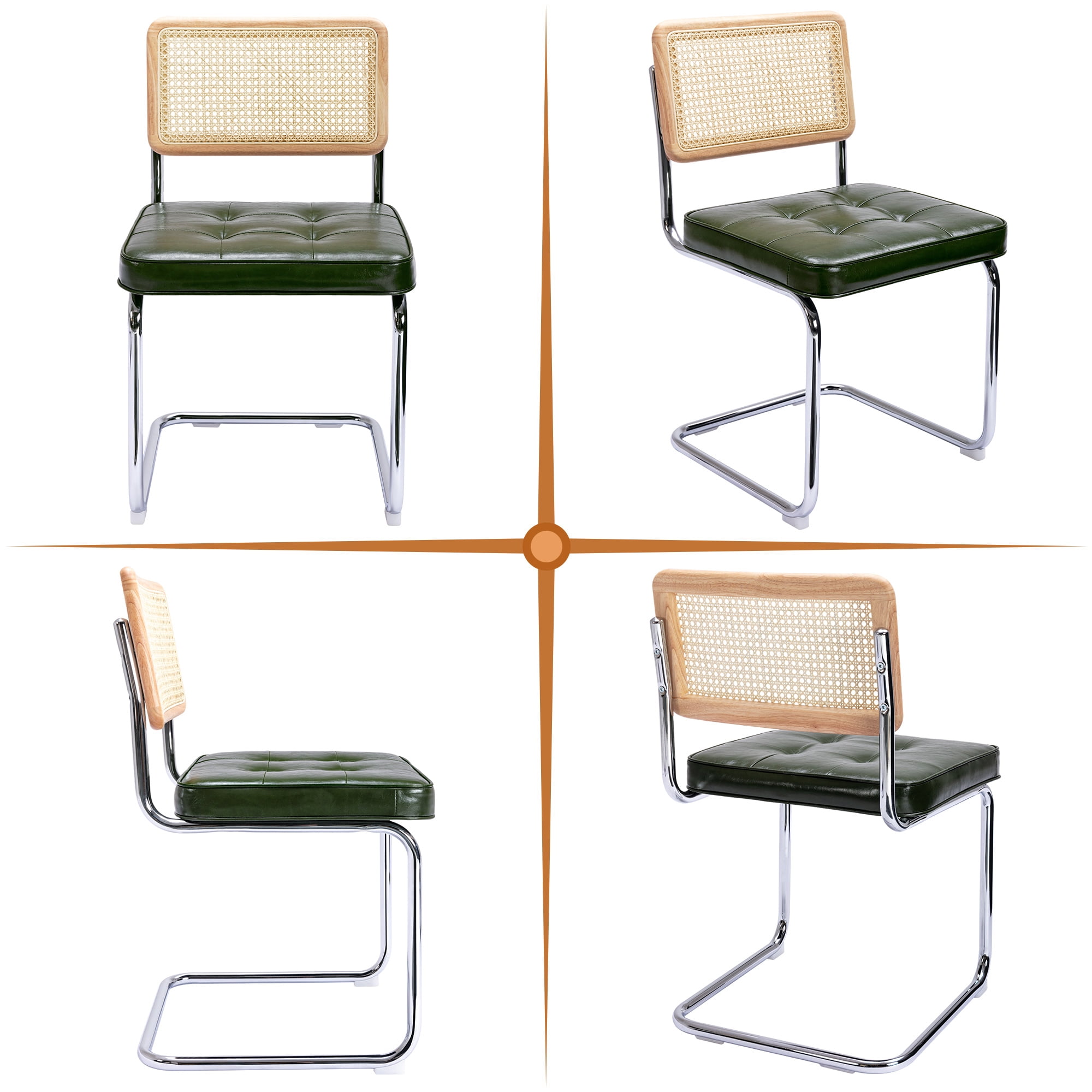 Zesthouse Rattan Dining Chairs Set of 4, Faux Leather Upholstered Side Chairs with Cane Back and Chrome Legs, Mid-Century Modern Dining Living Room Kitchen Chairs, Green