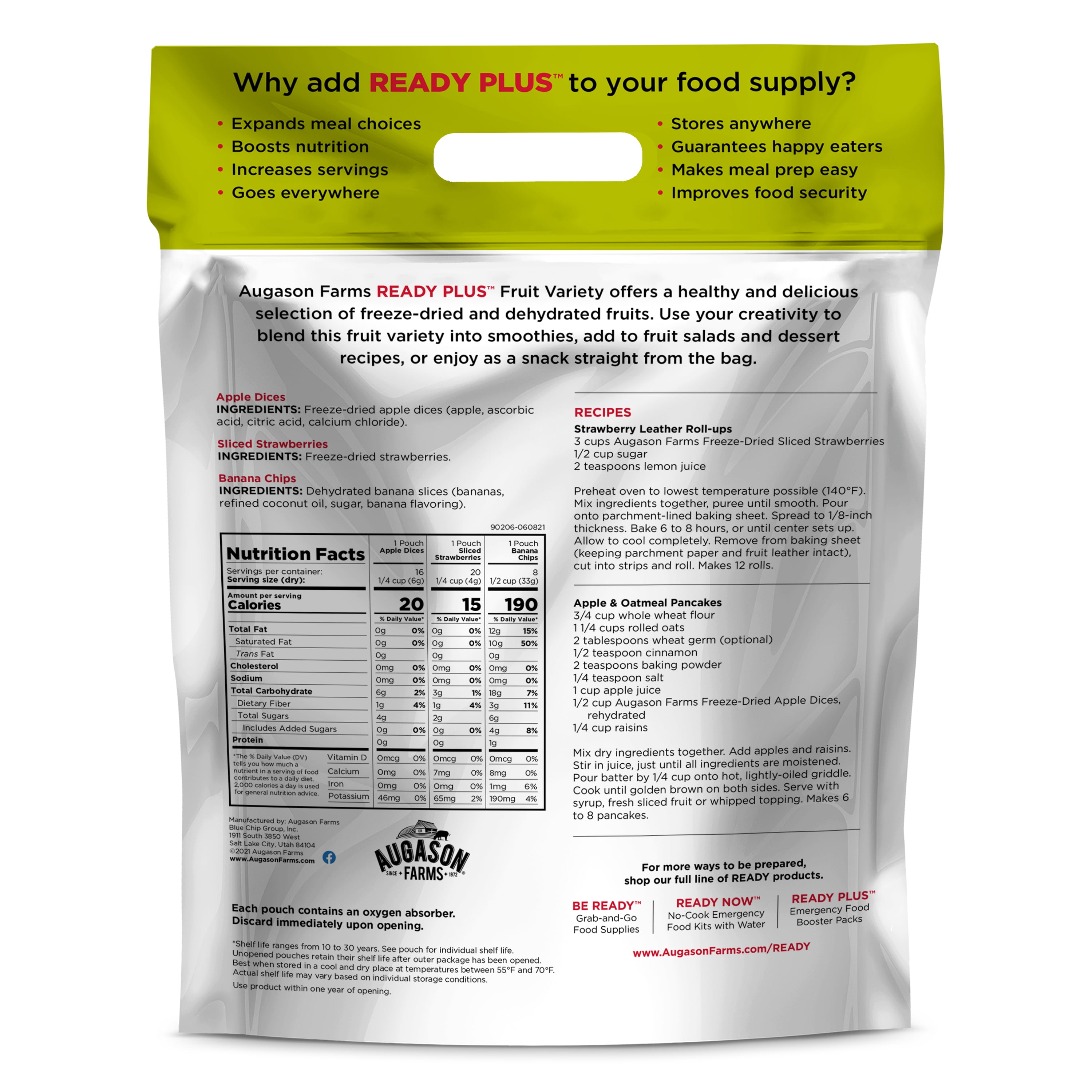 Augason Farms READY PLUS™ Freeze-Dried and Dehydrated Fruits Resealable Pouch Emergency Food Supply 15.6 oz.