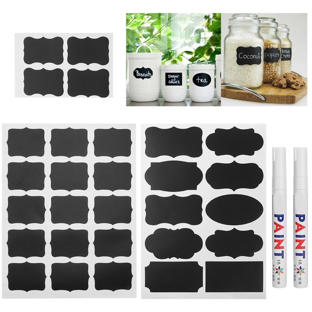 Blackboard Stickers, Kitchen Label Reusable Label Sticker Quick-drying Waterproof PVC Stickers Blackboard Label, 220pcs for baskets and jars. Includes 220 matte black PVC label stickers in assorted shapes and sizes, paired with two white liquid chalk pens. Labels are waterproof, reusable, and safe for refrigerators. Suitable for organizing jars, baskets, containers, and office supplies.