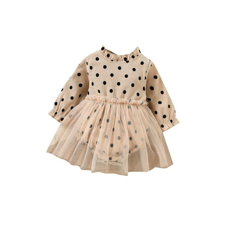

IZhansean Infant Baby Girls Romper Dress Polka Dot Printed Corduroy Ruffles Collar Long Sleeve Lace Patchwork Jumpsuits Beige Dot 12-18 Months