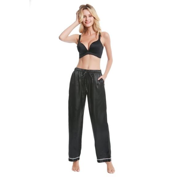 Marsgoo Women's Silk Satin Pajama Pants, Long Sleep Pants with Drawstring(Solid Black,XX-Large)