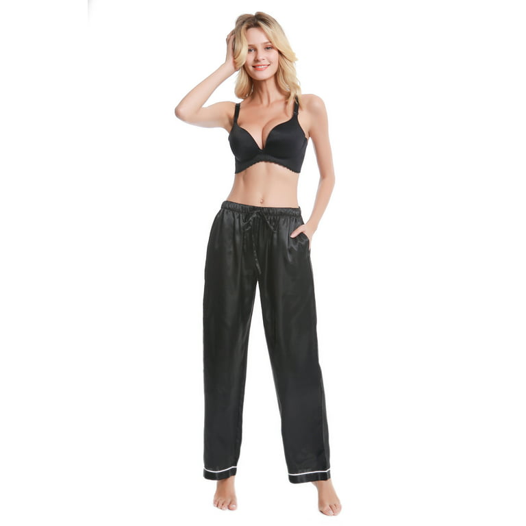 Marsgoo Women's Silk Satin Pajama Pants, Long Sleep Pants with  Drawstring(Solid Black,X-Large) 