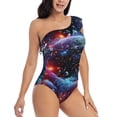 thumbnail image 3 of Salouo Outer Space Floating Numbers And Letters Pattern One Shoulder Ruffled One Piece Swimsuit for Women V Neck Swimwear Tummy Control Bathing Suit-Medium, 3 of 6