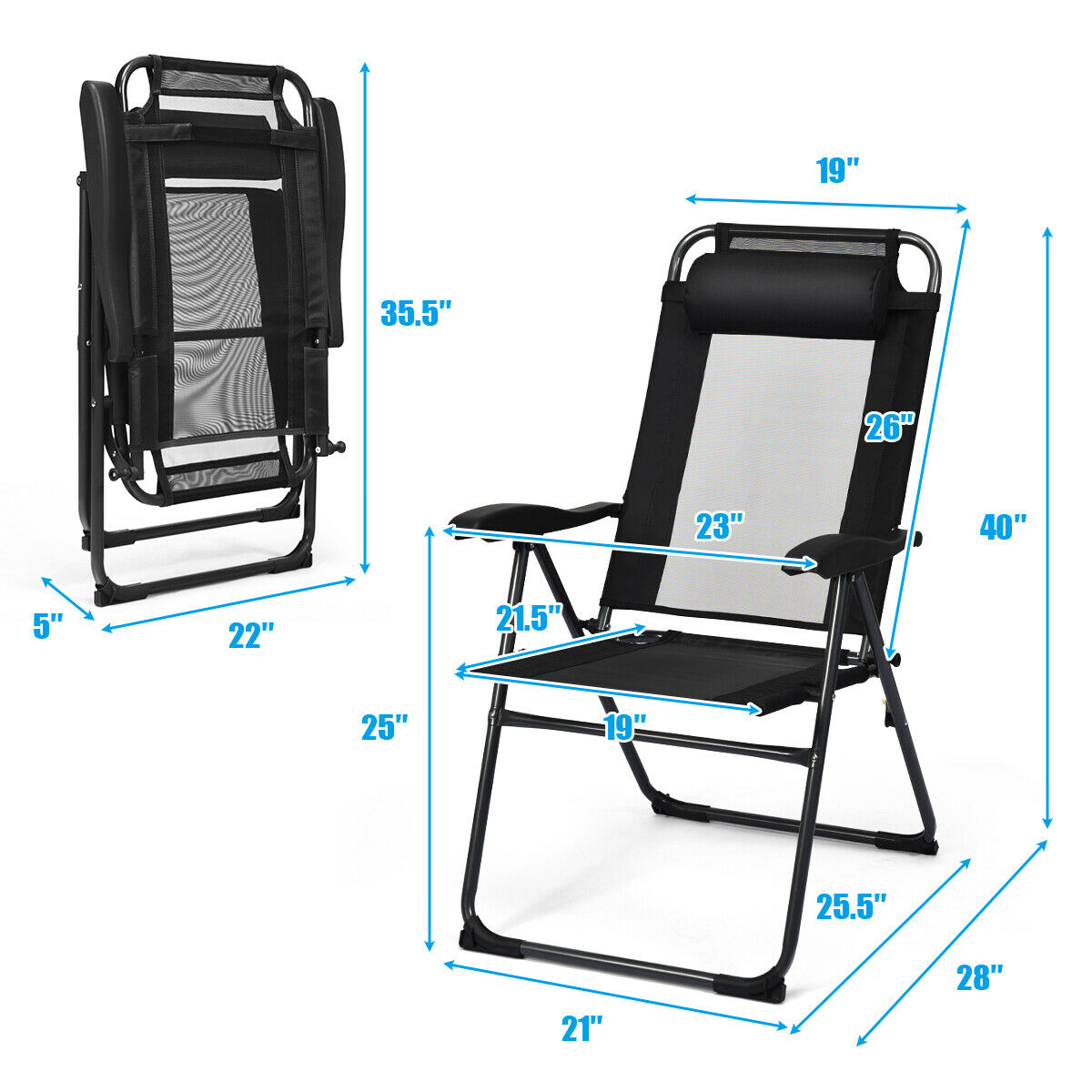 Gymax 2PC Folding Chairs Adjustable Reclining Chairs with Headrest Patio Garden Black - image 2 of 10