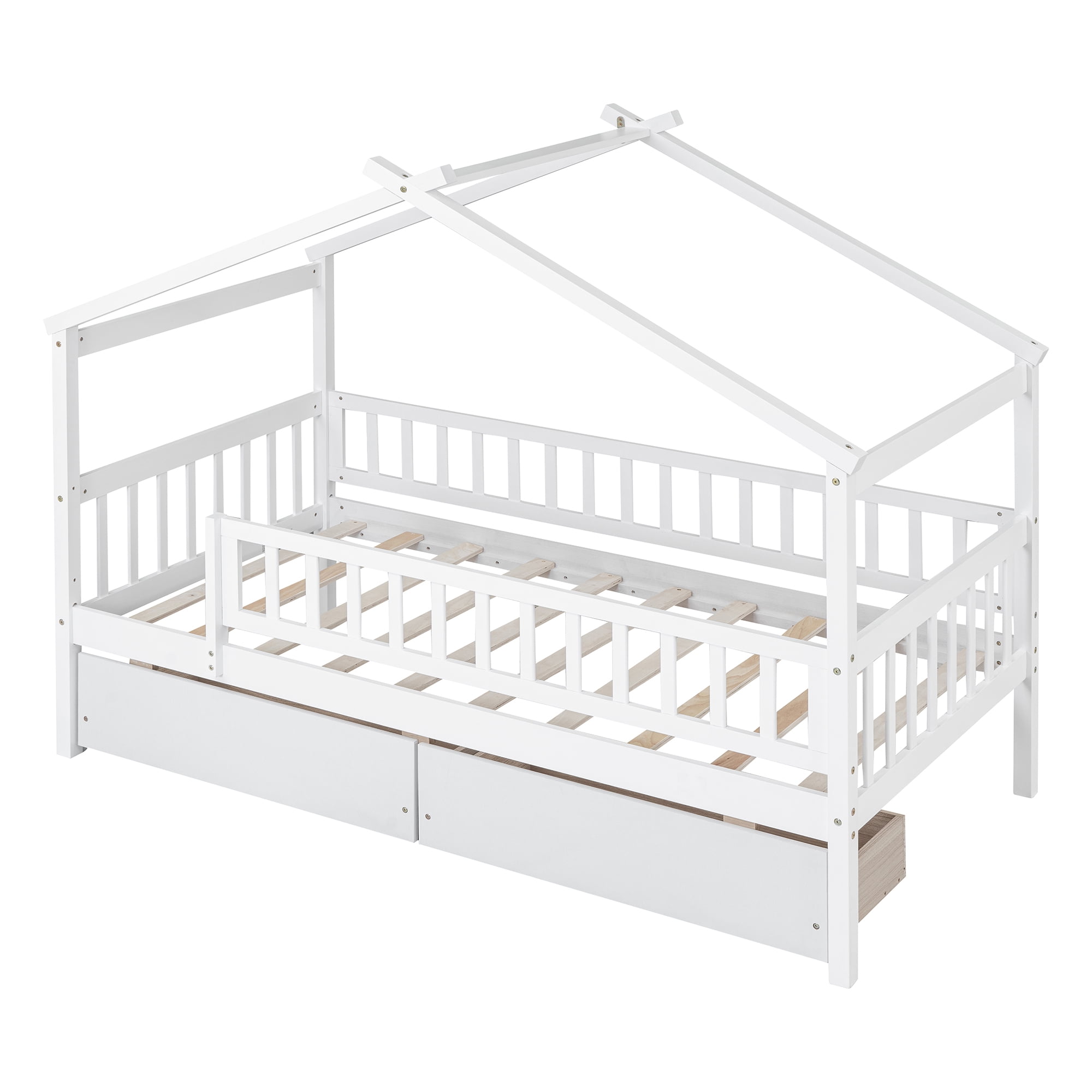 Bellemave Twin Size House Bed with Storage Drawers Playhouse Platform Bed Wooden House-shaped Bed Frame with Fence Guardrail (Twin size, White)