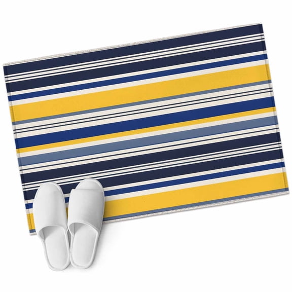 Bathroom Rugs 2x3 Ft, Navy Blue Yellow Striped Non Slip Area Rugs for Kitchen Bedroom Entryway, Farmhouse Vintage Stripe Washable Carpet Runner Rug Floor Mats for Bedroom Home Decor