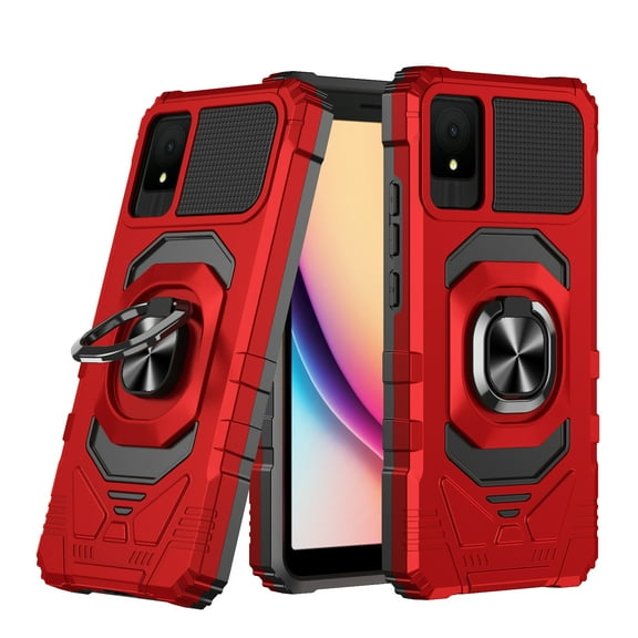 For TCL K11 (T432W) Phone Case Built-In Kickstand Screen Protector Magnetic Car Mount Ring Holder Phone Cover Red