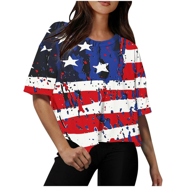 Tops de Hombro para las Mujeres de Verano, Día de la Independencia Impreso, Cuello Redondo de Manga Corta
