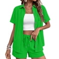 thumbnail image 2 of Shorts Sets Women 2 Piece Outfits Linen Button Down Shirt And Casual Shorts Sets Summer Travel Vacation Beach Matching,Green S, 2 of 5