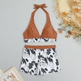 thumbnail image 7 of WREESH Womens Two Piece Swimsuit Halter Bikini Set Athletic Bathing Suits with Chest Pad Without Underwire Print Deep V High-Waisted Patchwork Swimming Trunks Split Swimsuit Coffee, 7 of 7