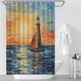thumbnail image 2 of Lighthouse Sunrise Coast Scenery Pale Blue Tan Shower Curtain Fabric Bathroom Decor with Hooks, 2 of 5
