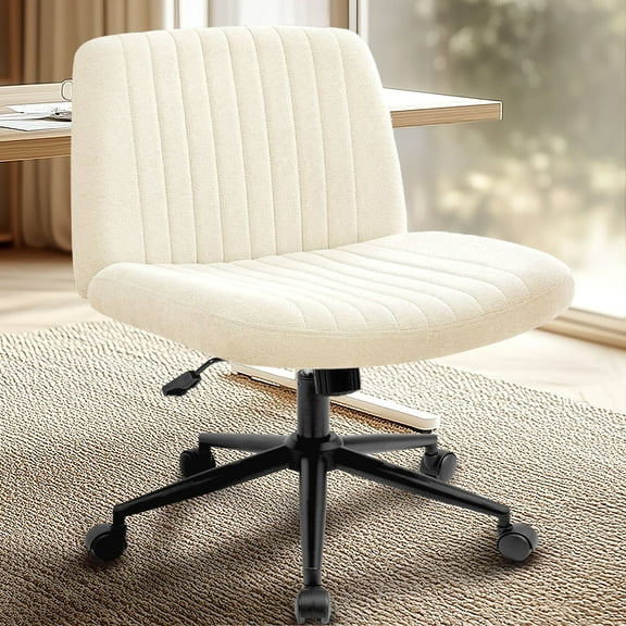 Orange Factory Beige Office Chair, Armless Criss Cross Legged Chair with Wheels, Comfy Home Office Desk Chairs, Adjustable Swivel Padded Fabric Vanity Task Computer Chair