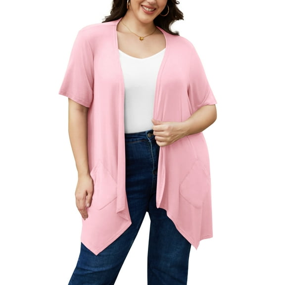Uvplove Women's Short Sleeve Summer Open Front Cardigan Lightweight Knit with Pcokets,Pink,3XL