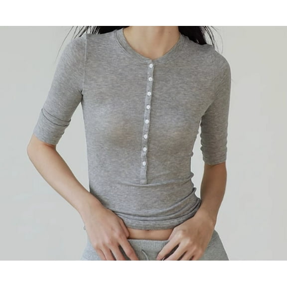 American sports casual short-sleeved T-shirt women high elastic Slim medium-sleeved tops solid color Henry collar bottoming shirt