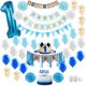 thumbnail image 1 of El primer cumpleaños del bebé está decorado con un globo con una corona de cumpleaños. Feliz cumpleaños. La silla alta tiene una pancarta de arpillera azul., 1 of 5