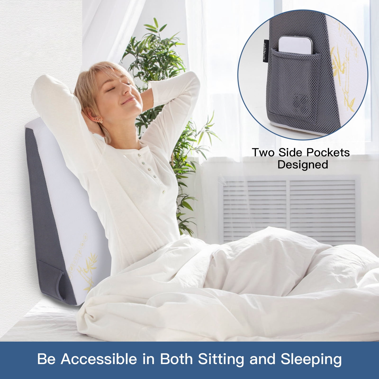JoliNuit Bed Wedge Pillow for Sleeping, and Resting, Gel Memory Foam Pillow for Back, Knee Pain Relief After Surgery, 7.5 Inch Triangle Elevation Cushion for Acid Reflux,Gerd,Anti Snoring