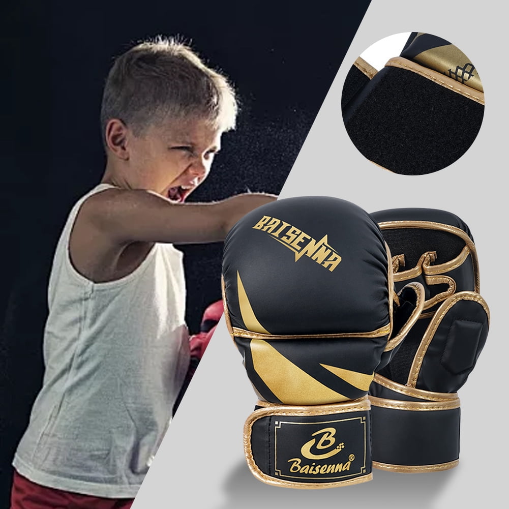 Half Finger Boxing Gloves Thickened Heavy Punching Bag Gloves Exercise Training PU Leather Sponge Gym Mitts Gloves(Children Black Gold)