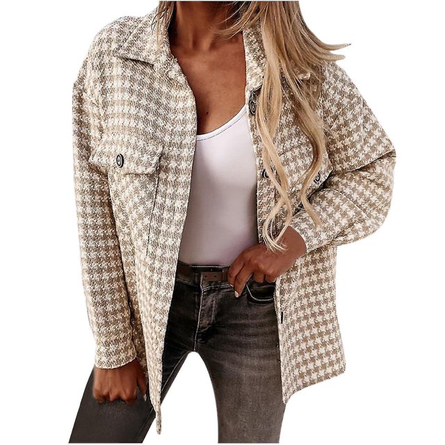 Cárdigan de manga larga con estampado de pata de gallo para mujer, traje con cuello vuelto, Tops de abrigo de lana, otoño e invierno