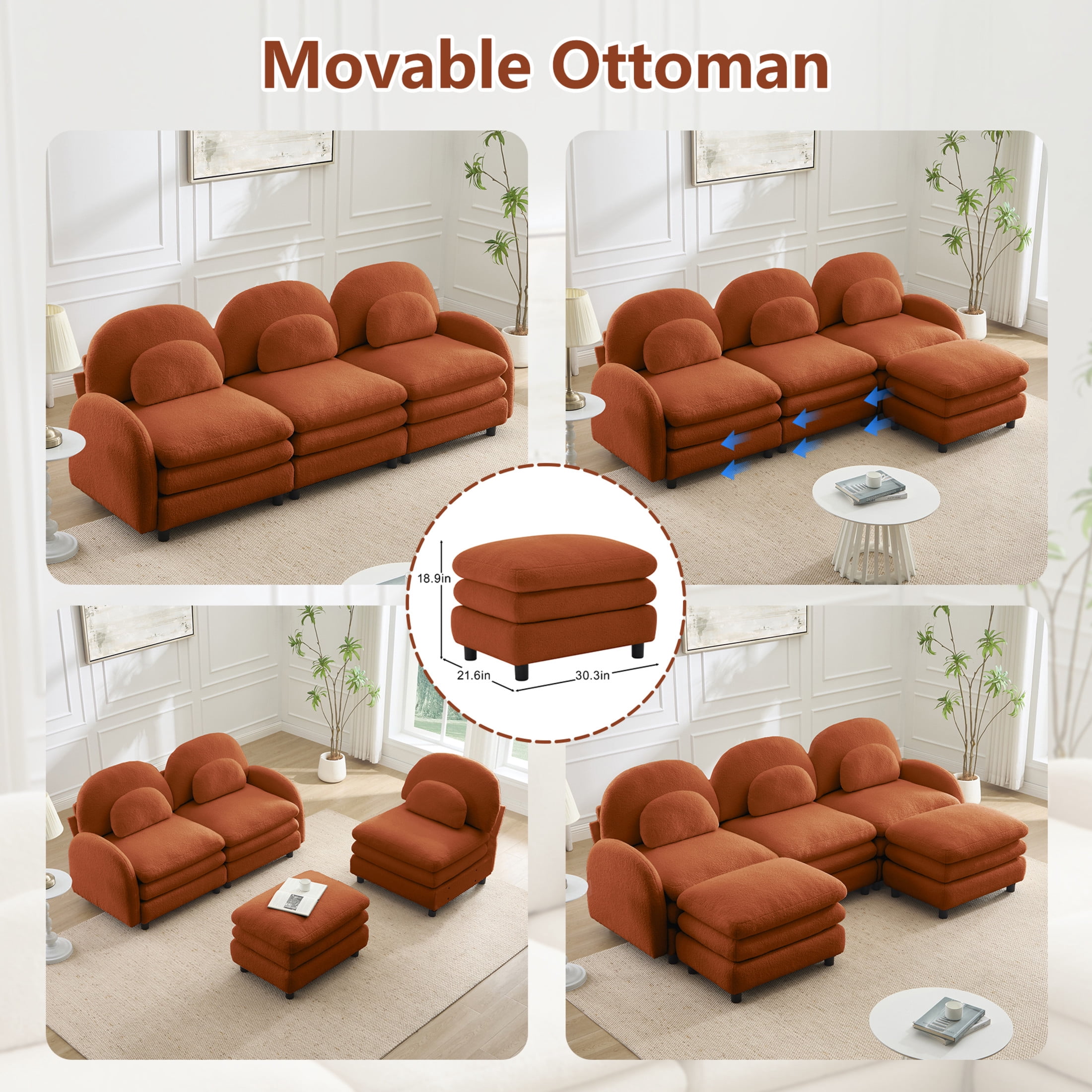 Noble House Windsor Teddy Fabric 2-Seater Sectional Sofa, Modular Cloud Couch with 2 Ottomans and Lumbar Pillows, Orange