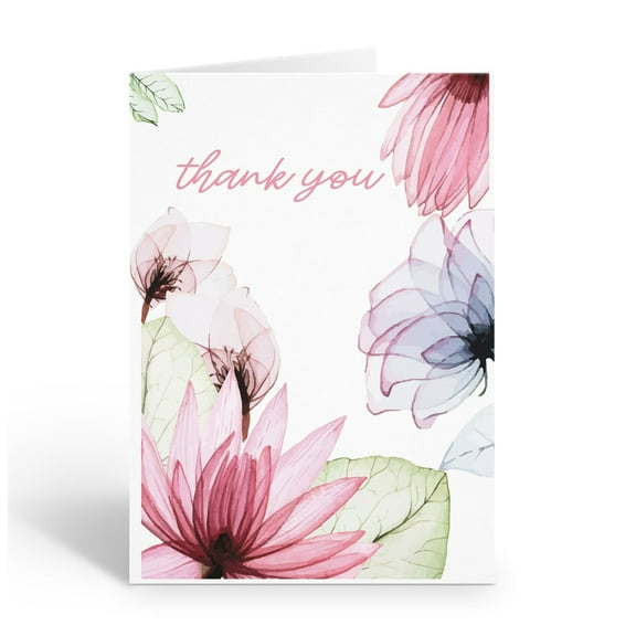 Painted Lotus Spring Floral Thank You Note Card - 10 Note Cards with Envelopes -